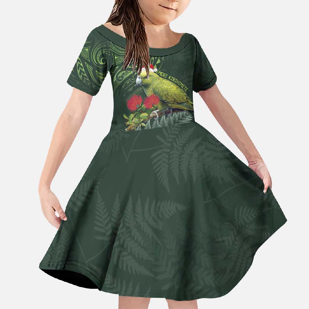 Meri Kirihimete Kakapo Family Matching Long Sleeve Bodycon Dress and Hawaiian Shirt Green Silver Fern Christmas Vibe LT9 Daughter's Dress Green - Polynesian Pride