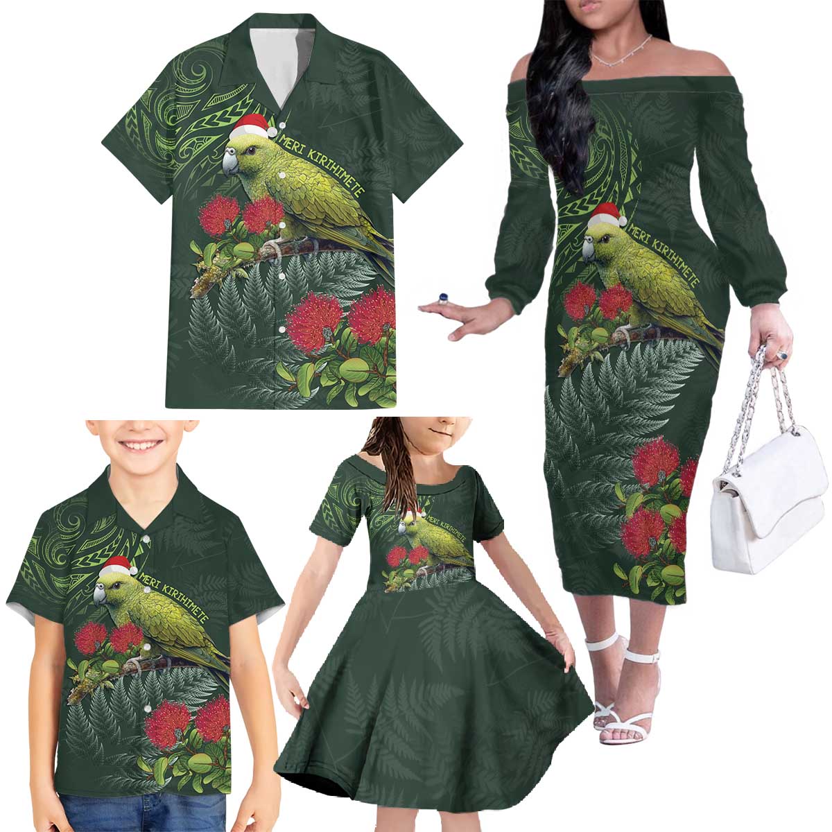 Meri Kirihimete Kakapo Family Matching Off The Shoulder Long Sleeve Dress and Hawaiian Shirt Green Silver Fern Christmas Vibe LT9 - Polynesian Pride
