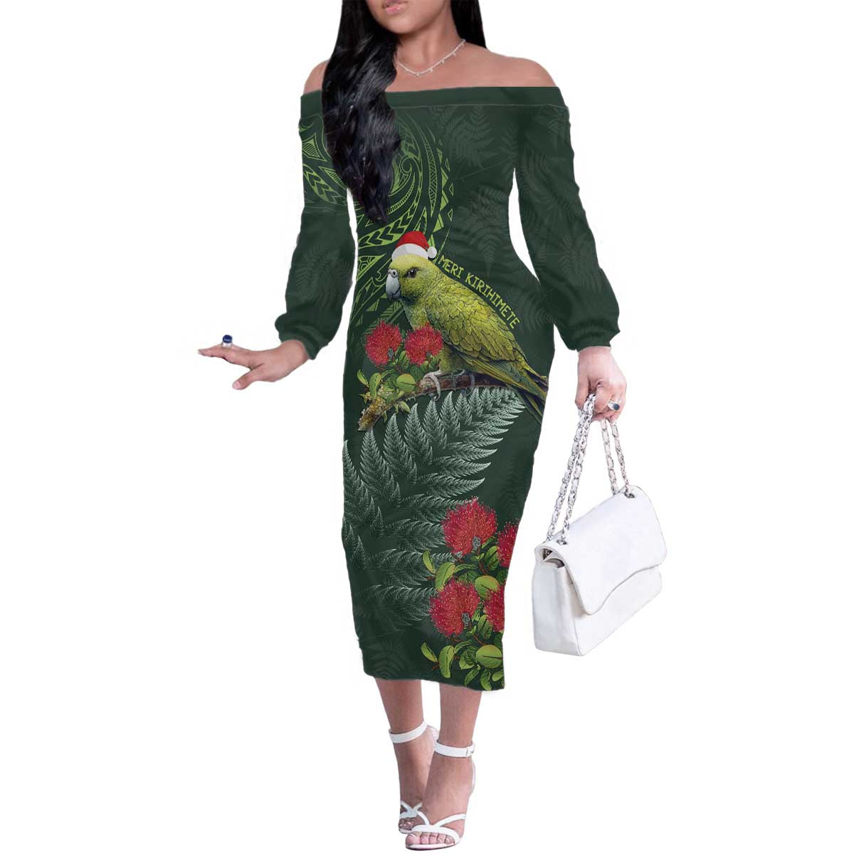 Meri Kirihimete Kakapo Family Matching Off The Shoulder Long Sleeve Dress and Hawaiian Shirt Green Silver Fern Christmas Vibe LT9 Mom's Dress Green - Polynesian Pride
