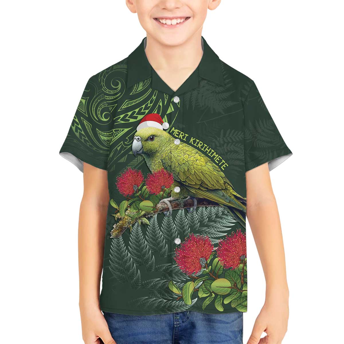 Meri Kirihimete Kakapo Family Matching Off The Shoulder Long Sleeve Dress and Hawaiian Shirt Green Silver Fern Christmas Vibe LT9 Son's Shirt Green - Polynesian Pride
