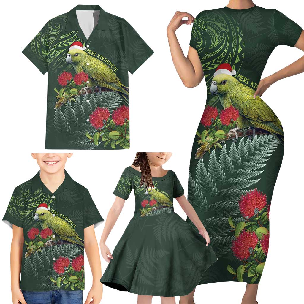 Meri Kirihimete Kakapo Family Matching Short Sleeve Bodycon Dress and Hawaiian Shirt Green Silver Fern Christmas Vibe LT9 - Polynesian Pride