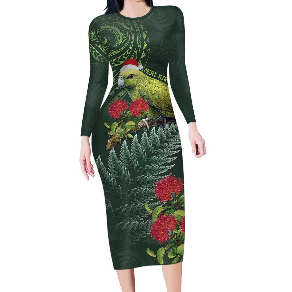 Meri Kirihimete Kakapo Long Sleeve Bodycon Dress Green Silver Fern Christmas Vibe LT9 Long Dress Green - Polynesian Pride