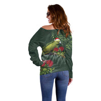 Meri Kirihimete Kakapo Off Shoulder Sweater Green Silver Fern Christmas Vibe
