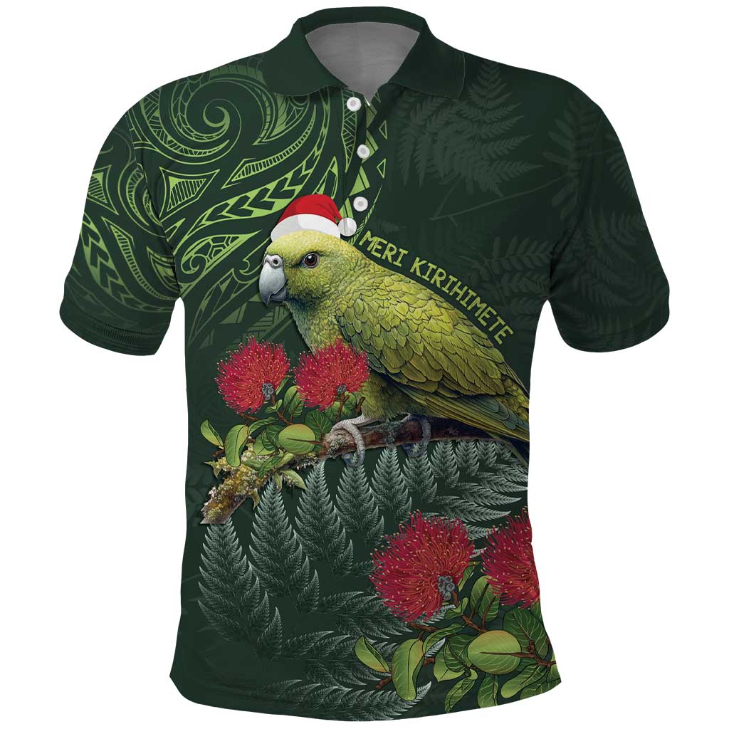 Meri Kirihimete Kakapo Polo Shirt Green Silver Fern Christmas Vibe