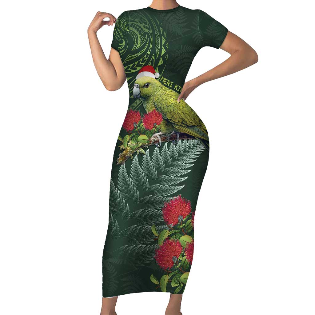 Meri Kirihimete Kakapo Short Sleeve Bodycon Dress Green Silver Fern Christmas Vibe LT9 Long Dress Green - Polynesian Pride