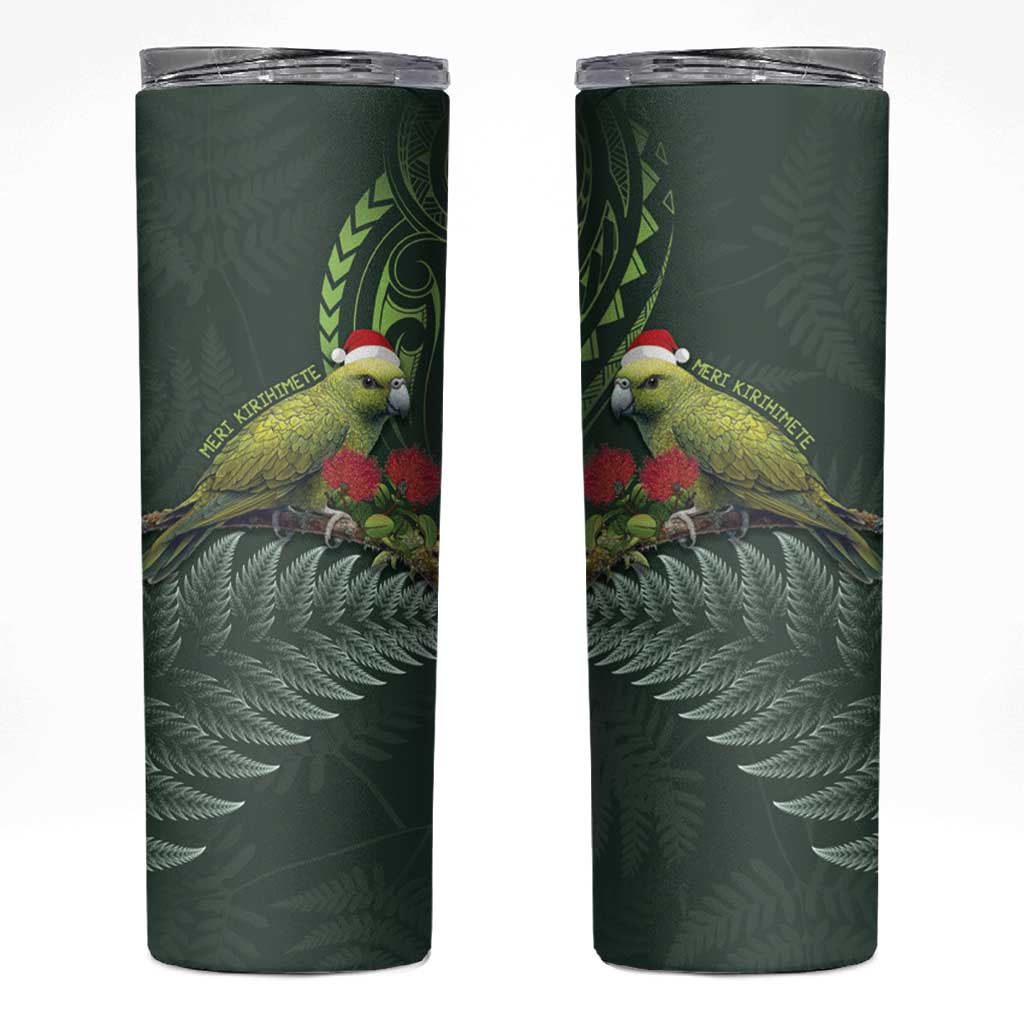 Meri Kirihimete Kakapo Skinny Tumbler Green Silver Fern Christmas Vibe