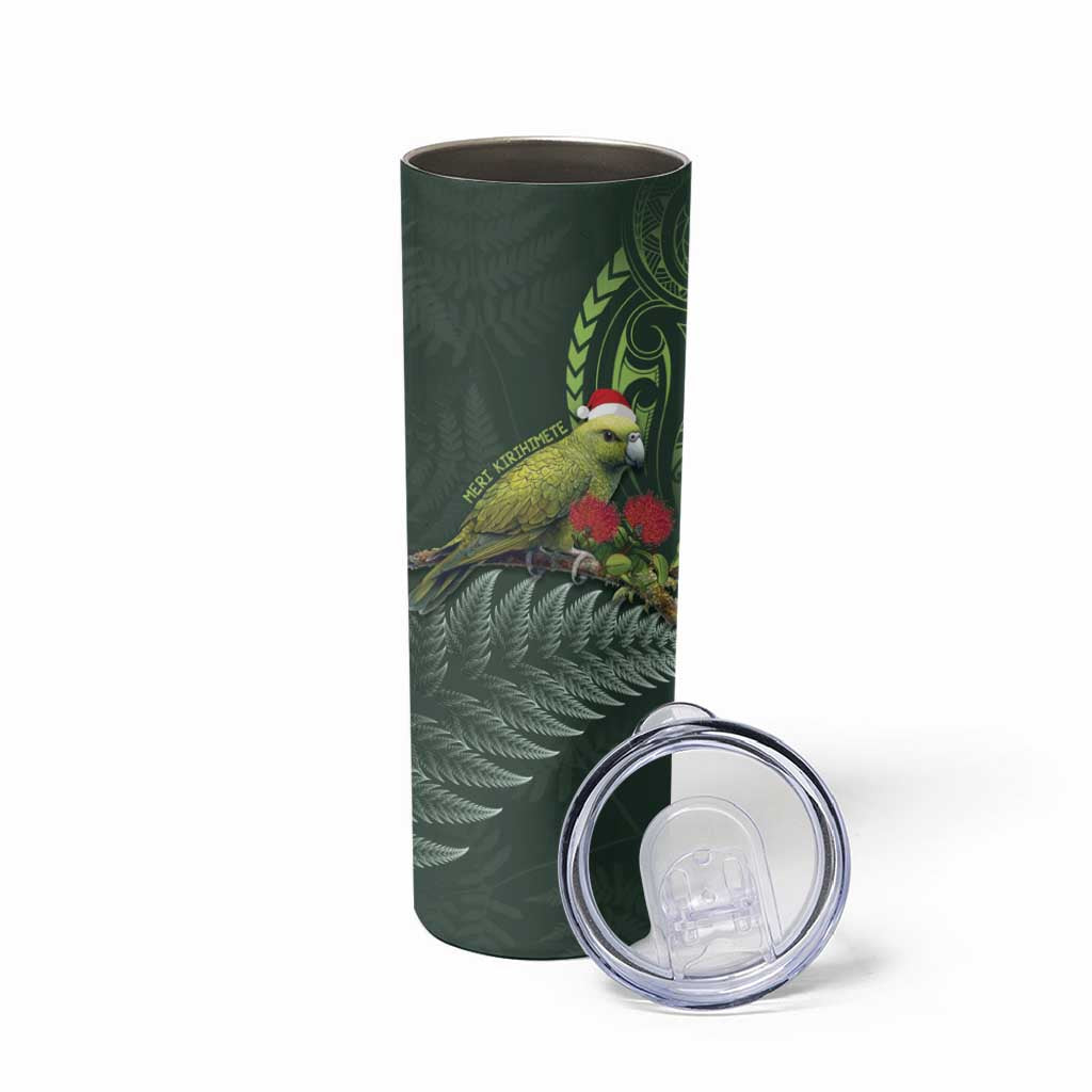 Meri Kirihimete Kakapo Skinny Tumbler Green Silver Fern Christmas Vibe LT9 - Polynesian Pride