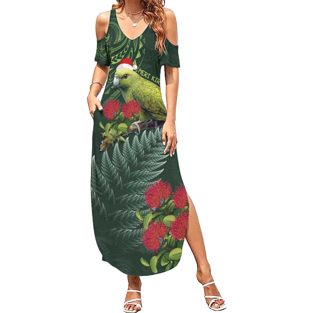 Meri Kirihimete Kakapo Summer Maxi Dress Green Silver Fern Christmas Vibe