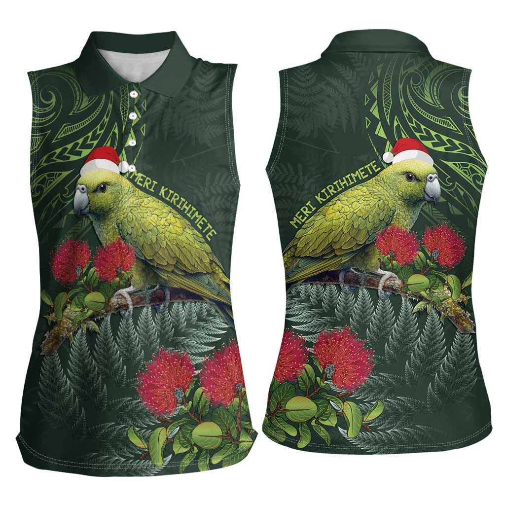 Meri Kirihimete Kakapo Women Sleeveless Polo Shirt Green Silver Fern Christmas Vibe LT9 - Polynesian Pride
