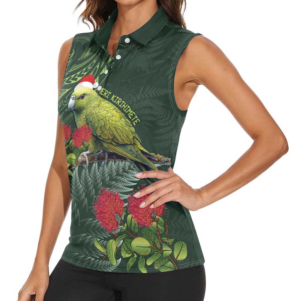 Meri Kirihimete Kakapo Women Sleeveless Polo Shirt Green Silver Fern Christmas Vibe LT9 - Polynesian Pride