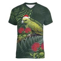 Meri Kirihimete Kakapo Women V-Neck T-Shirt Green Silver Fern Christmas Vibe LT9 Female Green - Polynesian Pride