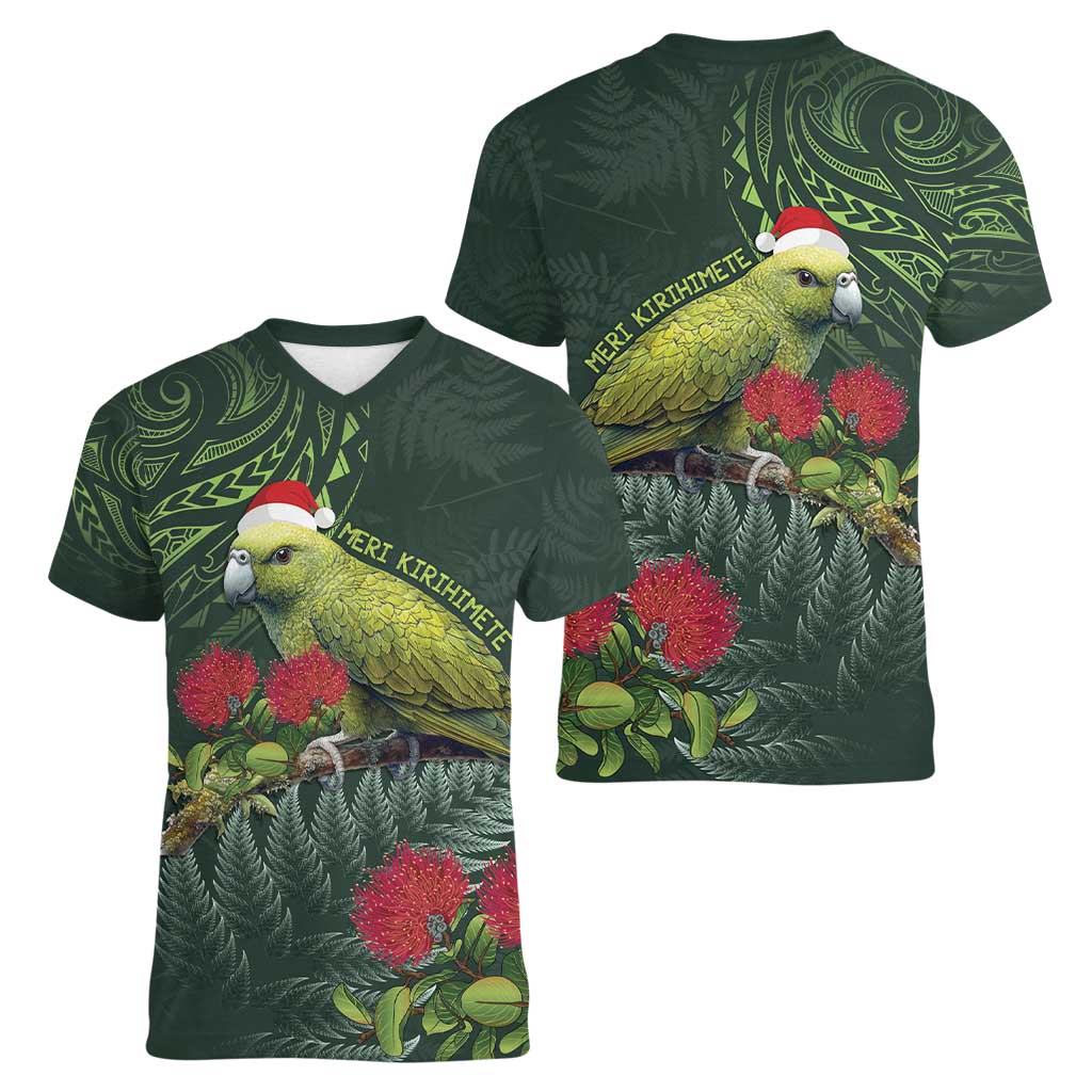 Meri Kirihimete Kakapo Women V-Neck T-Shirt Green Silver Fern Christmas Vibe LT9 - Polynesian Pride