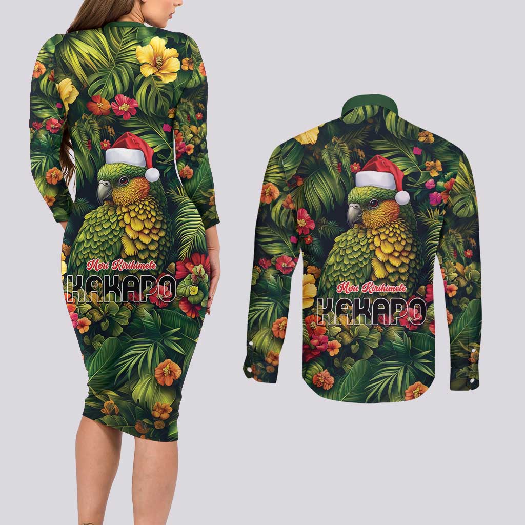 Meri Kirihimete Kakapo Couples Matching Long Sleeve Bodycon Dress and Long Sleeve Button Shirt New Zealand Christmas with Tropical Vibe