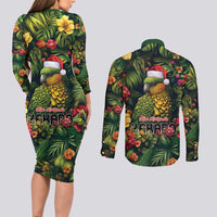 Meri Kirihimete Kakapo Couples Matching Long Sleeve Bodycon Dress and Long Sleeve Button Shirt New Zealand Christmas with Tropical Vibe