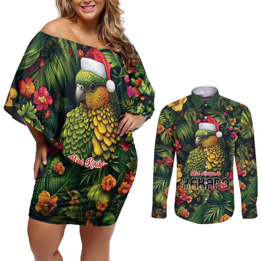 Meri Kirihimete Kakapo Couples Matching Off Shoulder Short Dress and Long Sleeve Button Shirt New Zealand Christmas with Tropical Vibe LT9 Green - Polynesian Pride