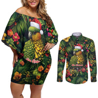 Meri Kirihimete Kakapo Couples Matching Off Shoulder Short Dress and Long Sleeve Button Shirt New Zealand Christmas with Tropical Vibe LT9 Green - Polynesian Pride