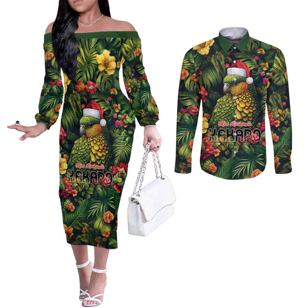 Meri Kirihimete Kakapo Couples Matching Off The Shoulder Long Sleeve Dress and Long Sleeve Button Shirt New Zealand Christmas with Tropical Vibe LT9 Green - Polynesian Pride