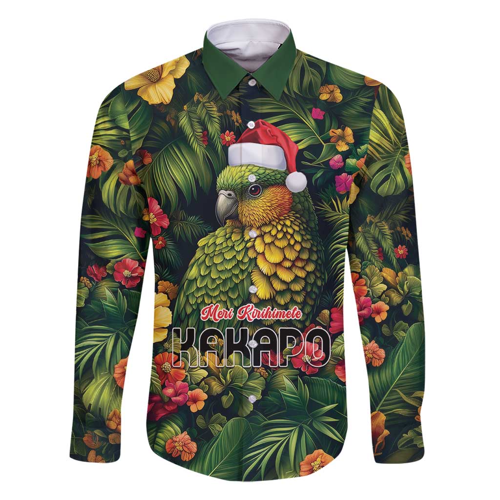 Meri Kirihimete Kakapo Family Matching Long Sleeve Bodycon Dress and Hawaiian Shirt New Zealand Christmas with Tropical Vibe LT9 Dad's Shirt - Long Sleeve Green - Polynesian Pride