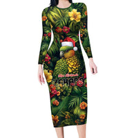 Meri Kirihimete Kakapo Family Matching Long Sleeve Bodycon Dress and Hawaiian Shirt New Zealand Christmas with Tropical Vibe LT9 Mom's Dress Green - Polynesian Pride