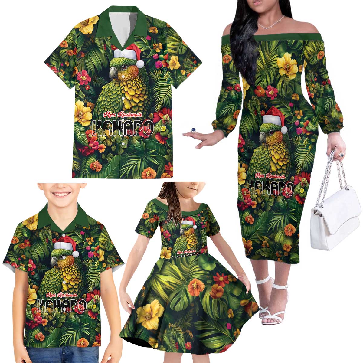 Meri Kirihimete Kakapo Family Matching Off The Shoulder Long Sleeve Dress and Hawaiian Shirt New Zealand Christmas with Tropical Vibe LT9 - Polynesian Pride