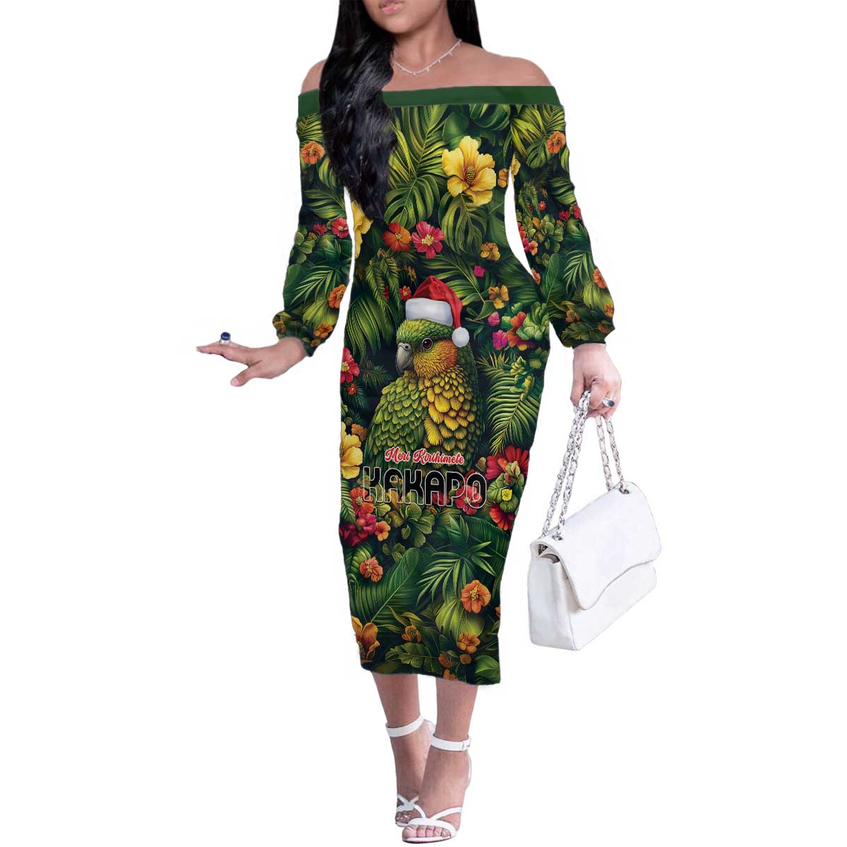 Meri Kirihimete Kakapo Family Matching Off The Shoulder Long Sleeve Dress and Hawaiian Shirt New Zealand Christmas with Tropical Vibe LT9 Mom's Dress Green - Polynesian Pride