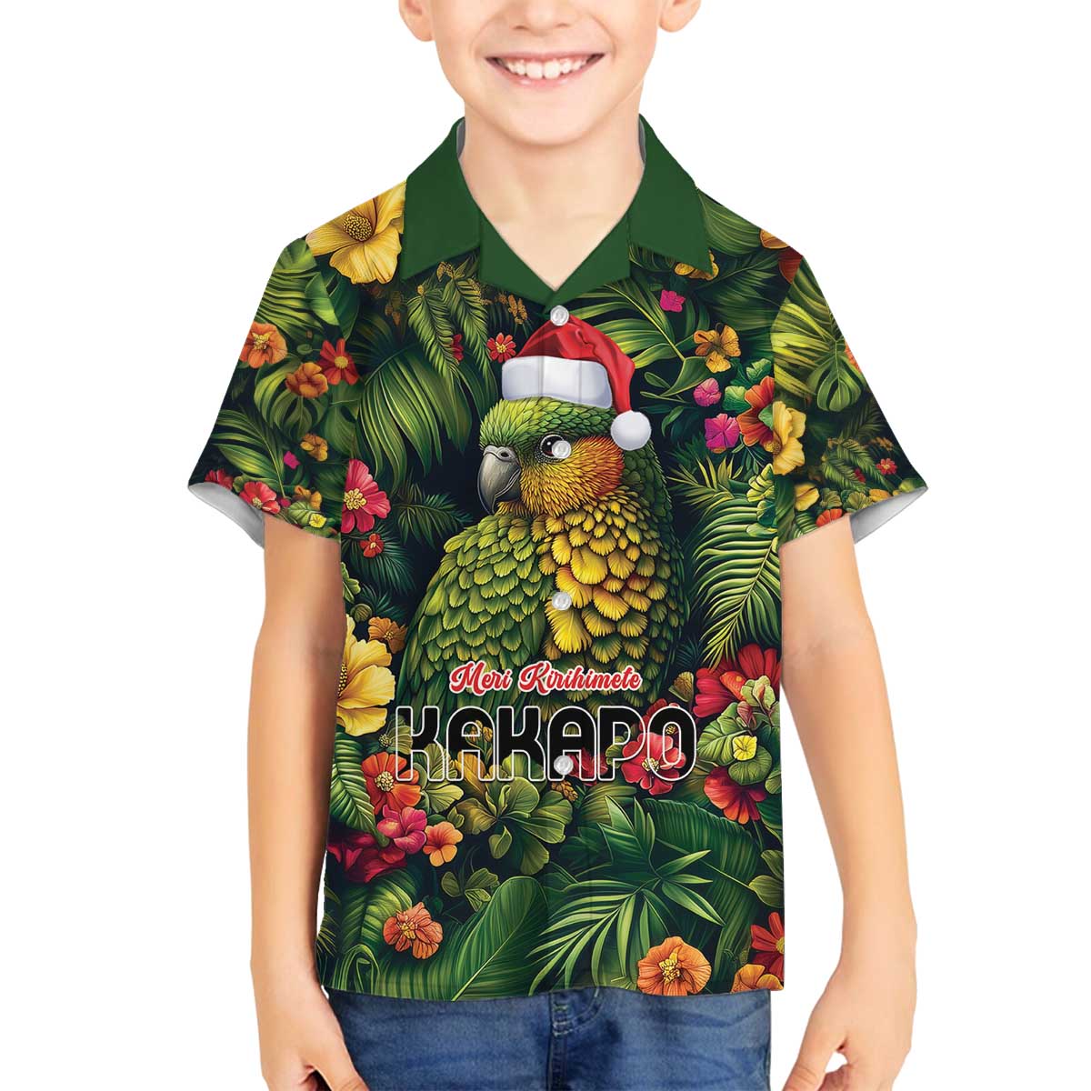 Meri Kirihimete Kakapo Family Matching Off The Shoulder Long Sleeve Dress and Hawaiian Shirt New Zealand Christmas with Tropical Vibe LT9 Son's Shirt Green - Polynesian Pride