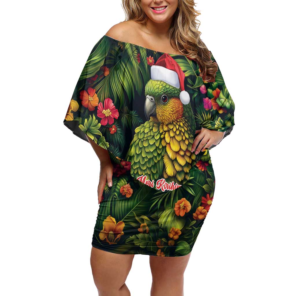 Meri Kirihimete Kakapo Off Shoulder Short Dress New Zealand Christmas with Tropical Vibe