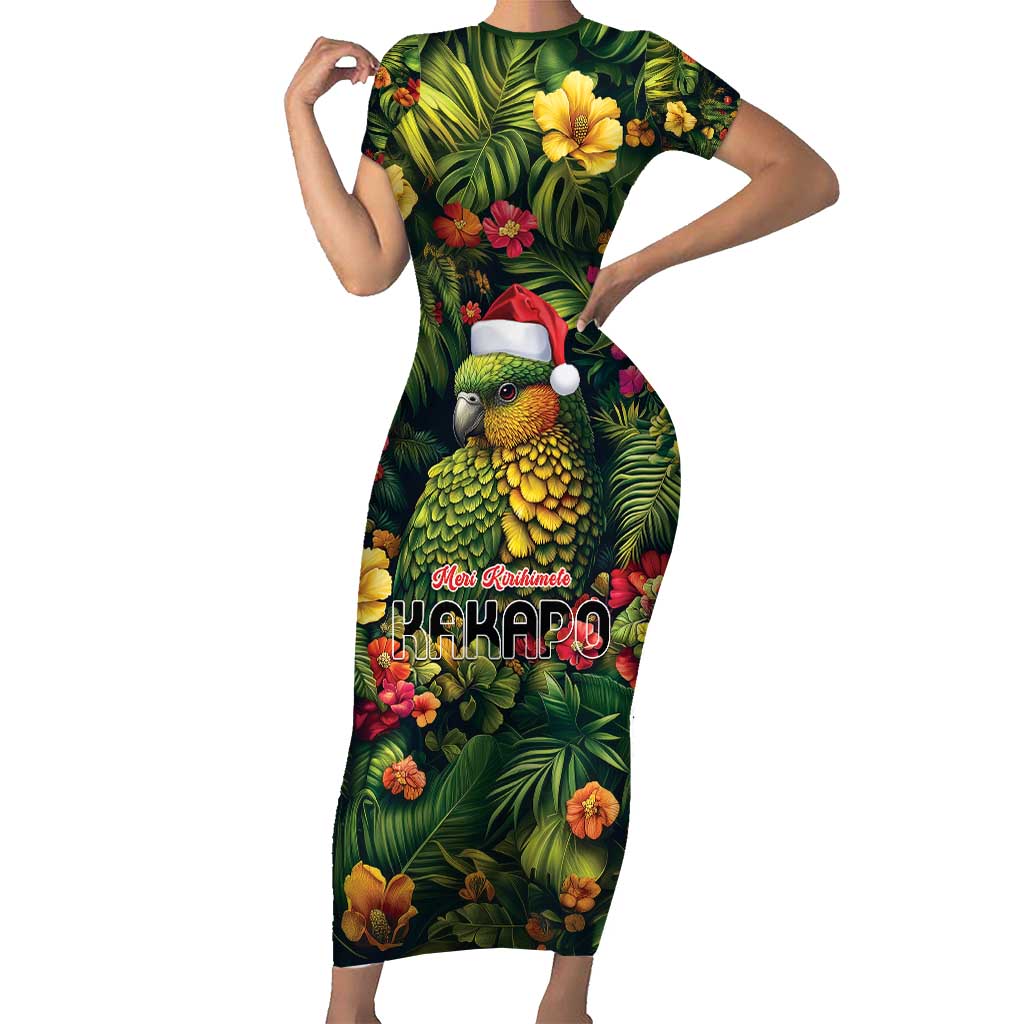 Meri Kirihimete Kakapo Short Sleeve Bodycon Dress New Zealand Christmas with Tropical Vibe