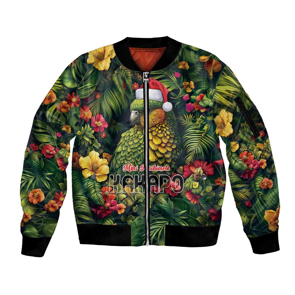 Meri Kirihimete Kakapo Sleeve Zip Bomber Jacket New Zealand Christmas with Tropical Vibe LT9 Unisex Green - Polynesian Pride