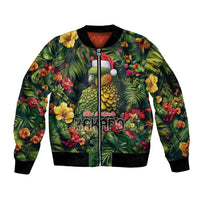 Meri Kirihimete Kakapo Sleeve Zip Bomber Jacket New Zealand Christmas with Tropical Vibe LT9 Unisex Green - Polynesian Pride