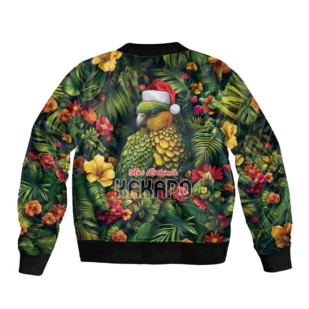 Meri Kirihimete Kakapo Sleeve Zip Bomber Jacket New Zealand Christmas with Tropical Vibe LT9 - Polynesian Pride