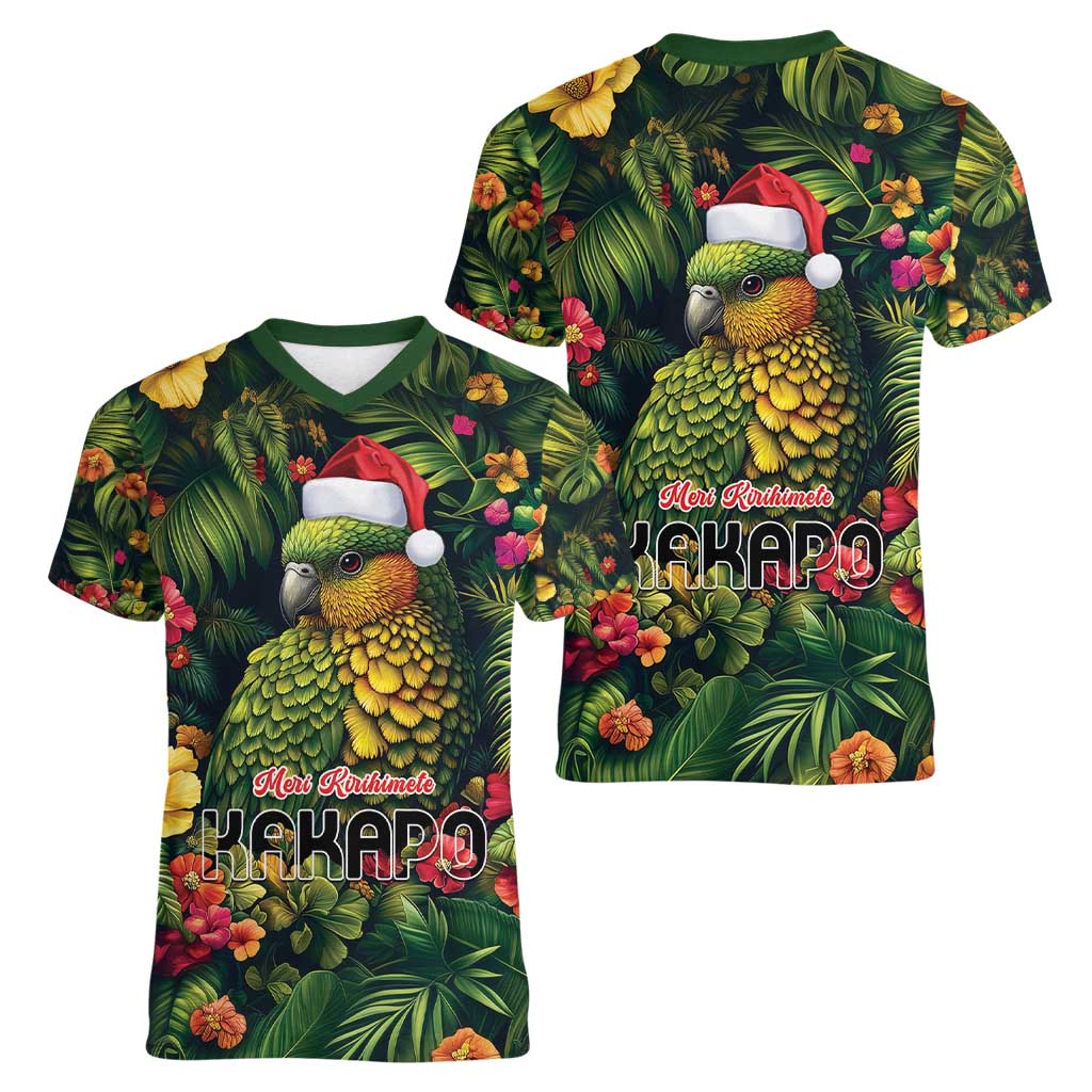 Meri Kirihimete Kakapo Women V-Neck T-Shirt New Zealand Christmas with Tropical Vibe LT9 - Polynesian Pride