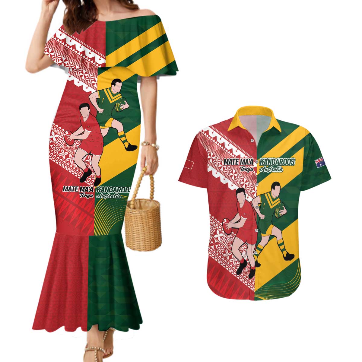 Australia-Tonga Rugby Pacific Custom Couples Matching Mermaid Dress and Hawaiian Shirt The Kangaroos and Mate Ma'a Tonga