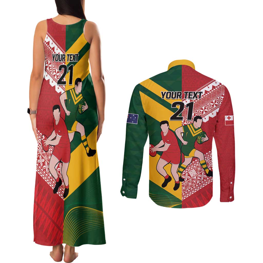 Australia-Tonga Rugby Pacific Custom Couples Matching Tank Maxi Dress and Long Sleeve Button Shirt The Kangaroos and Mate Ma'a Tonga LT9 - Polynesian Pride
