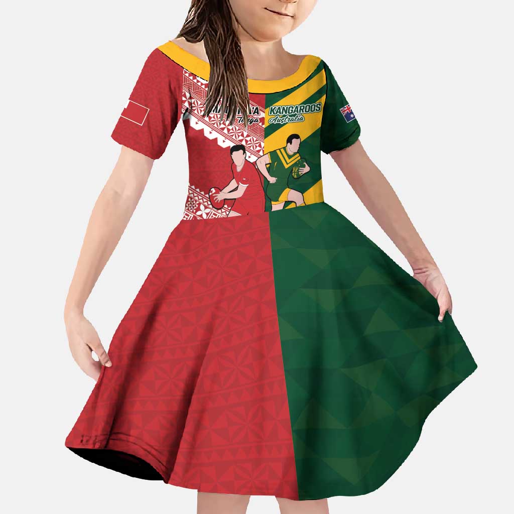 Australia-Tonga Rugby Pacific Custom Family Matching Long Sleeve Bodycon Dress and Hawaiian Shirt The Kangaroos and Mate Ma'a Tonga LT9 Daughter's Dress Red-Green - Polynesian Pride