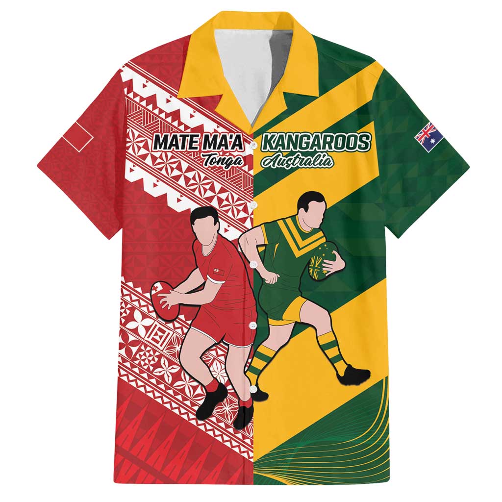Australia-Tonga Rugby Pacific Custom Family Matching Long Sleeve Bodycon Dress and Hawaiian Shirt The Kangaroos and Mate Ma'a Tonga LT9 Dad's Shirt - Short Sleeve Red-Green - Polynesian Pride