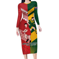 Australia-Tonga Rugby Pacific Custom Family Matching Long Sleeve Bodycon Dress and Hawaiian Shirt The Kangaroos and Mate Ma'a Tonga LT9 Mom's Dress Red-Green - Polynesian Pride