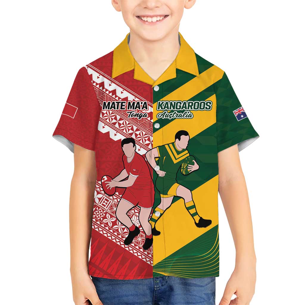 Australia-Tonga Rugby Pacific Custom Family Matching Long Sleeve Bodycon Dress and Hawaiian Shirt The Kangaroos and Mate Ma'a Tonga LT9 Son's Shirt Red-Green - Polynesian Pride