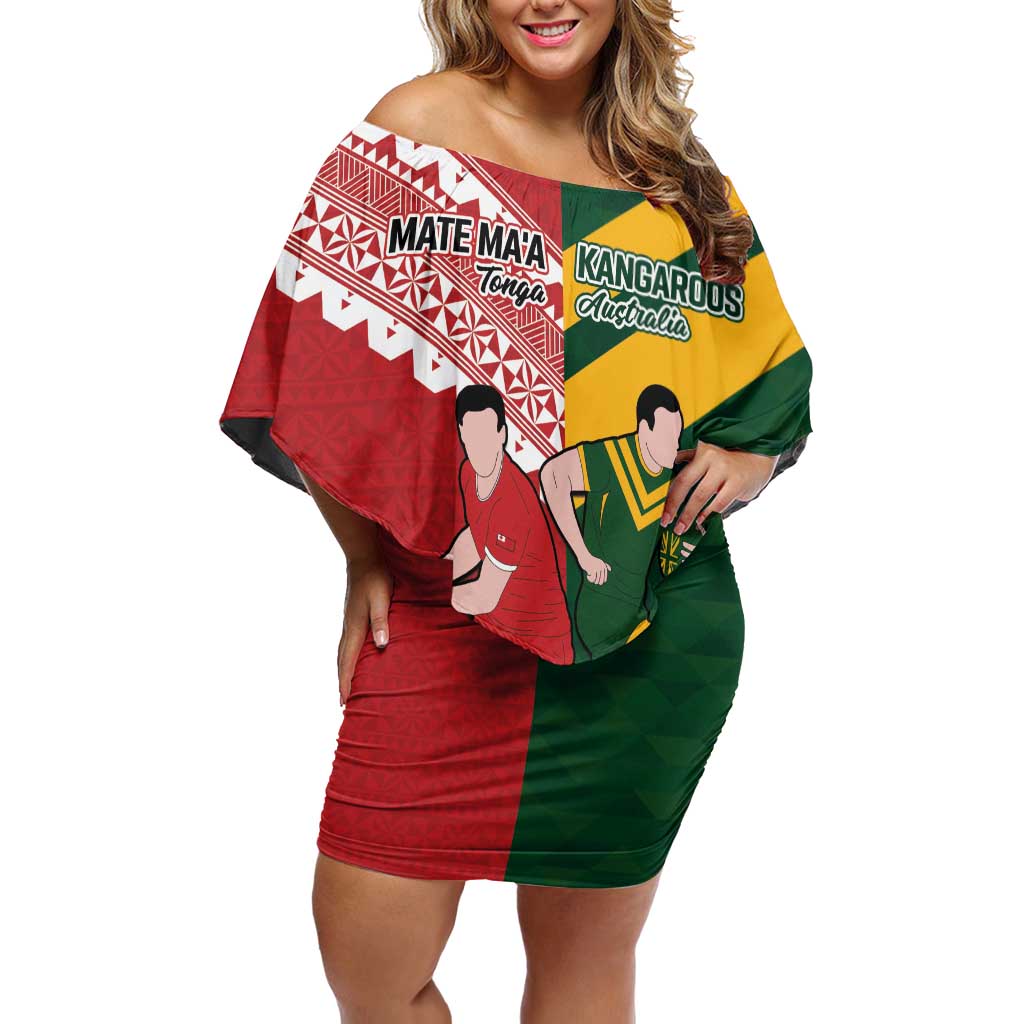 Australia-Tonga Rugby Pacific Custom Family Matching Off Shoulder Short Dress and Hawaiian Shirt The Kangaroos and Mate Ma'a Tonga