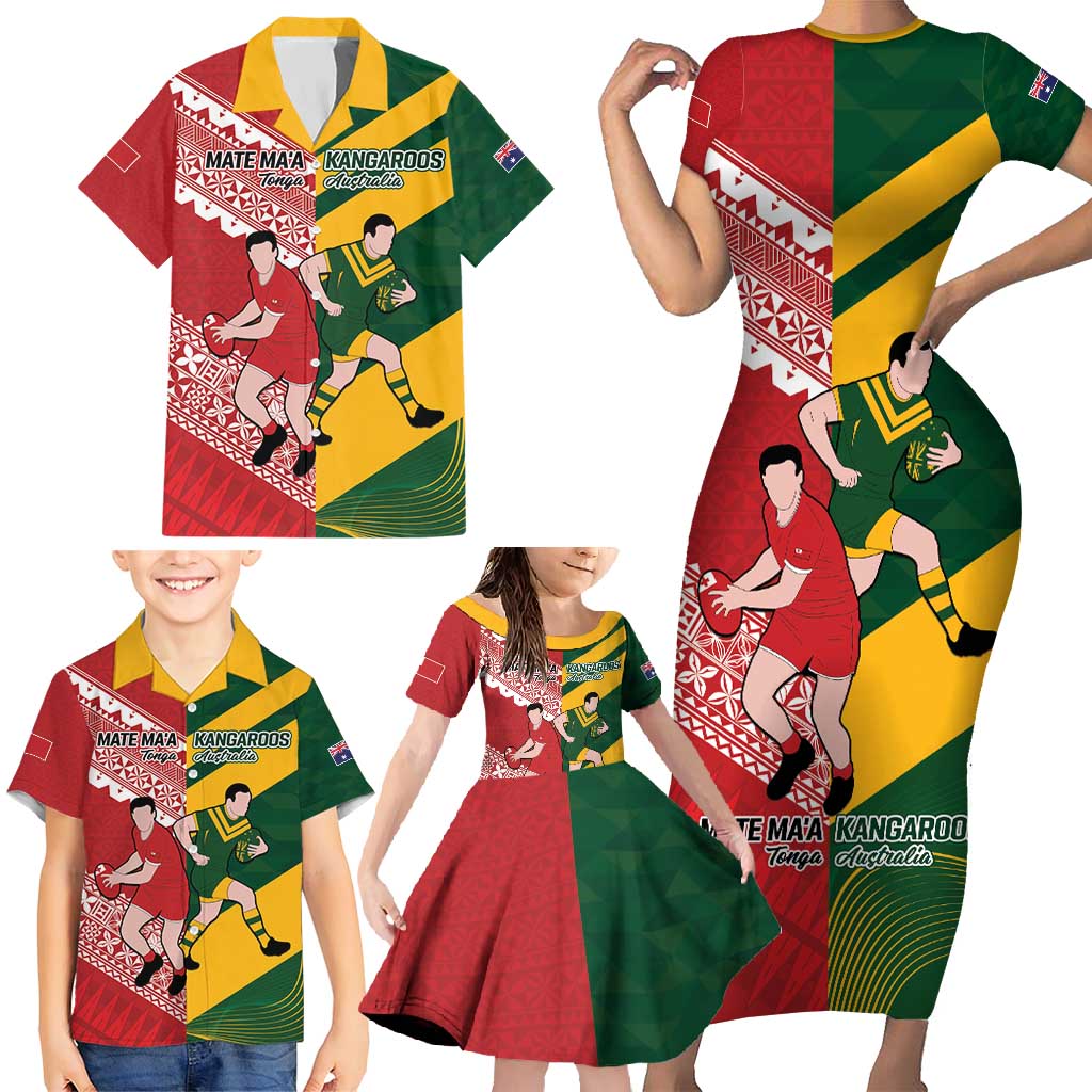 Australia-Tonga Rugby Pacific Custom Family Matching Short Sleeve Bodycon Dress and Hawaiian Shirt The Kangaroos and Mate Ma'a Tonga LT9 - Polynesian Pride