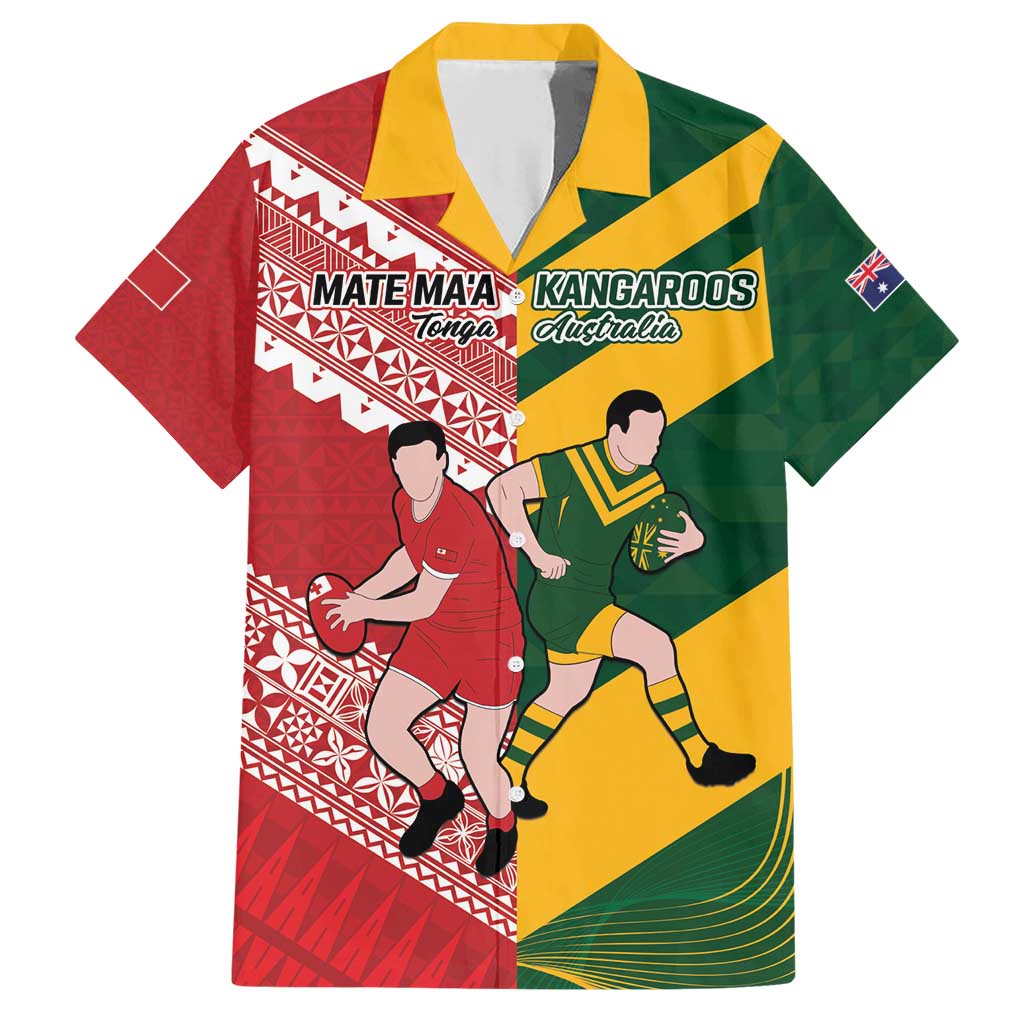 Australia-Tonga Rugby Pacific Custom Family Matching Short Sleeve Bodycon Dress and Hawaiian Shirt The Kangaroos and Mate Ma'a Tonga LT9 Dad's Shirt - Short Sleeve Red-Green - Polynesian Pride