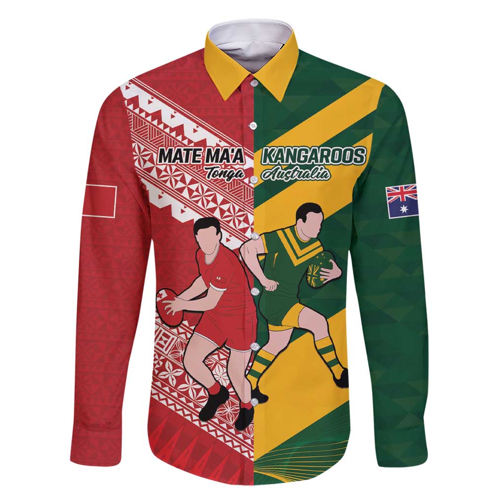 Australia-Tonga Rugby Pacific Custom Family Matching Short Sleeve Bodycon Dress and Hawaiian Shirt The Kangaroos and Mate Ma'a Tonga LT9 Dad's Shirt - Long Sleeve Red-Green - Polynesian Pride