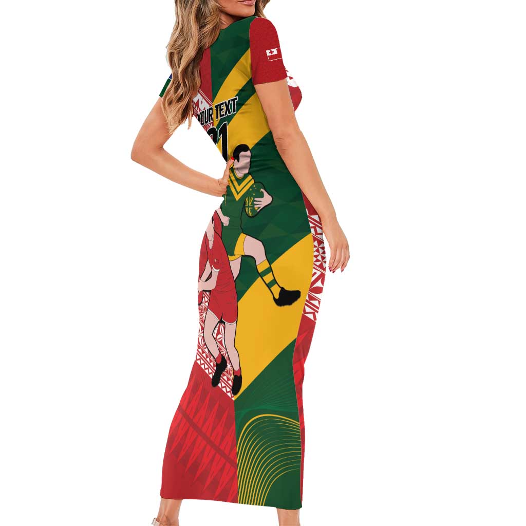 Australia-Tonga Rugby Pacific Custom Family Matching Short Sleeve Bodycon Dress and Hawaiian Shirt The Kangaroos and Mate Ma'a Tonga LT9 - Polynesian Pride