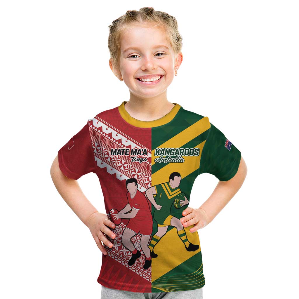 Australia-Tonga Rugby Pacific Custom Kid T Shirt The Kangaroos and Mate Ma'a Tonga