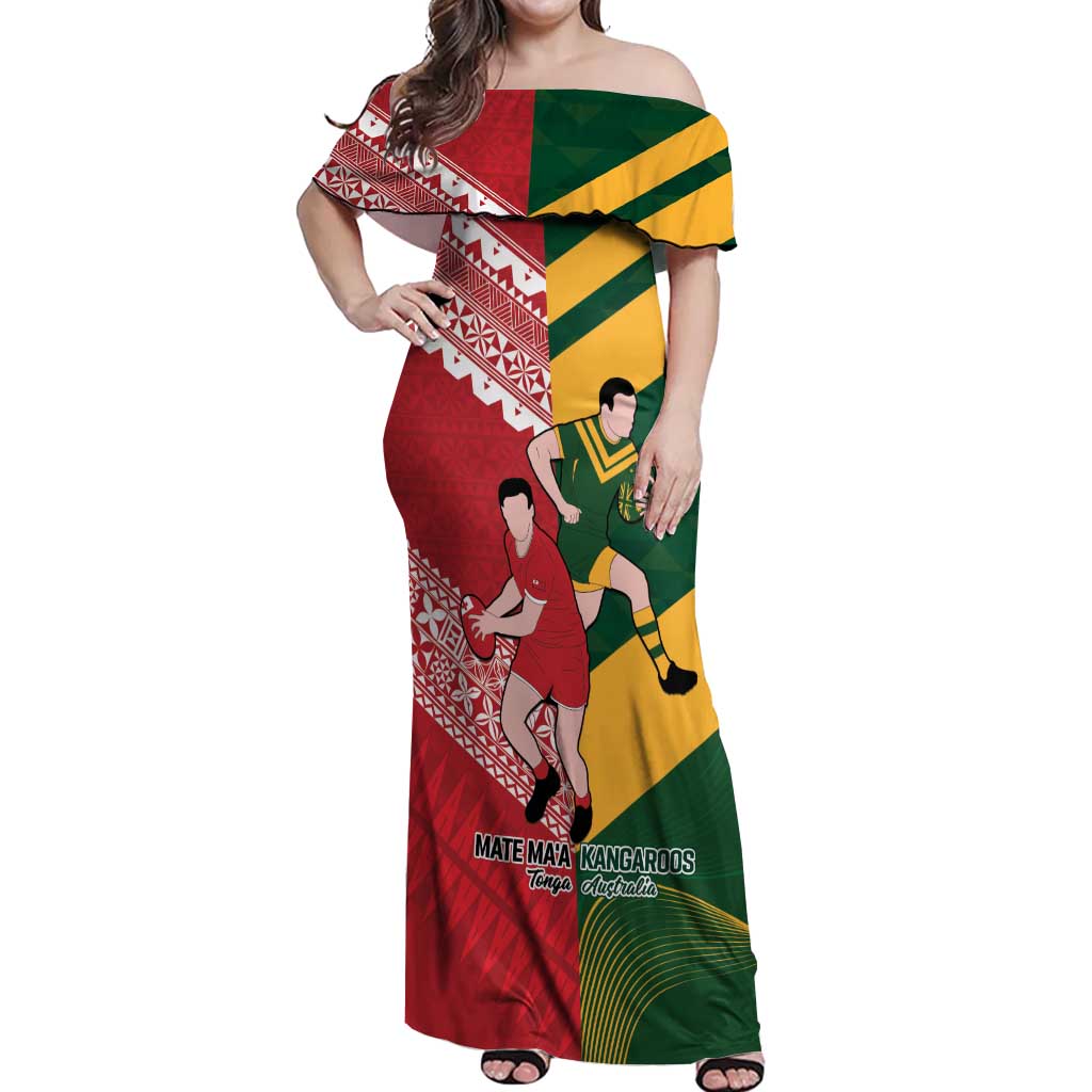 Australia-Tonga Rugby Pacific Custom Off Shoulder Maxi Dress The Kangaroos and Mate Ma'a Tonga