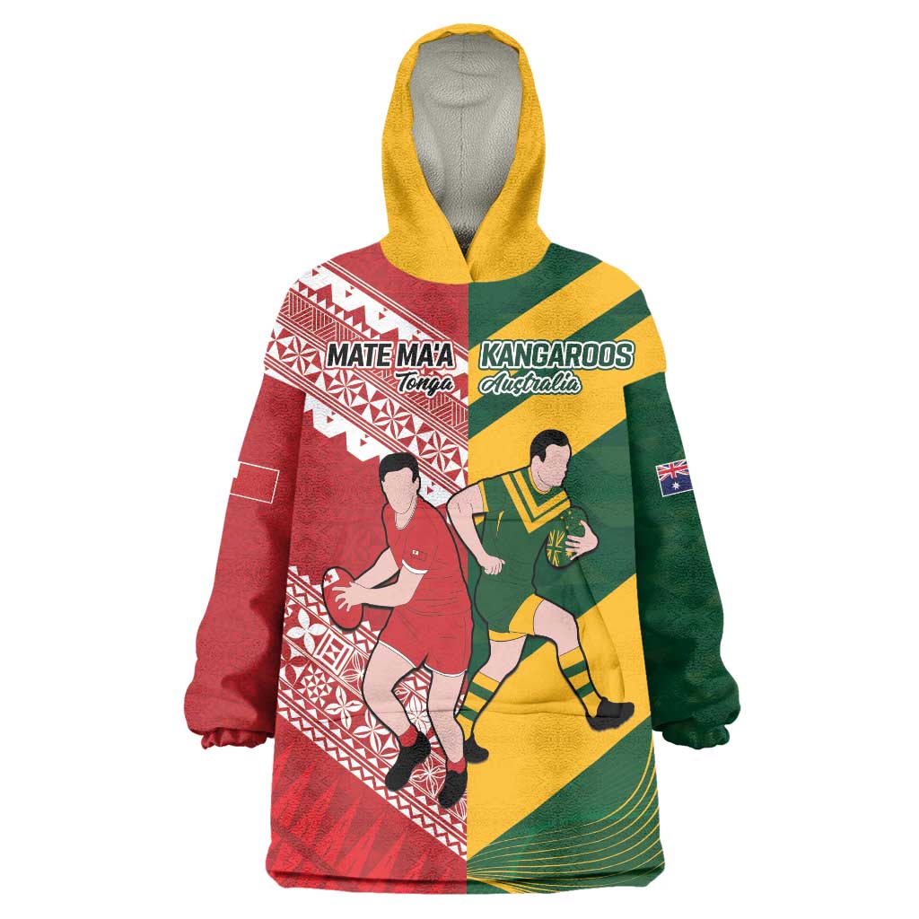 Australia-Tonga Rugby Pacific Custom Wearable Blanket Hoodie The Kangaroos and Mate Ma'a Tonga