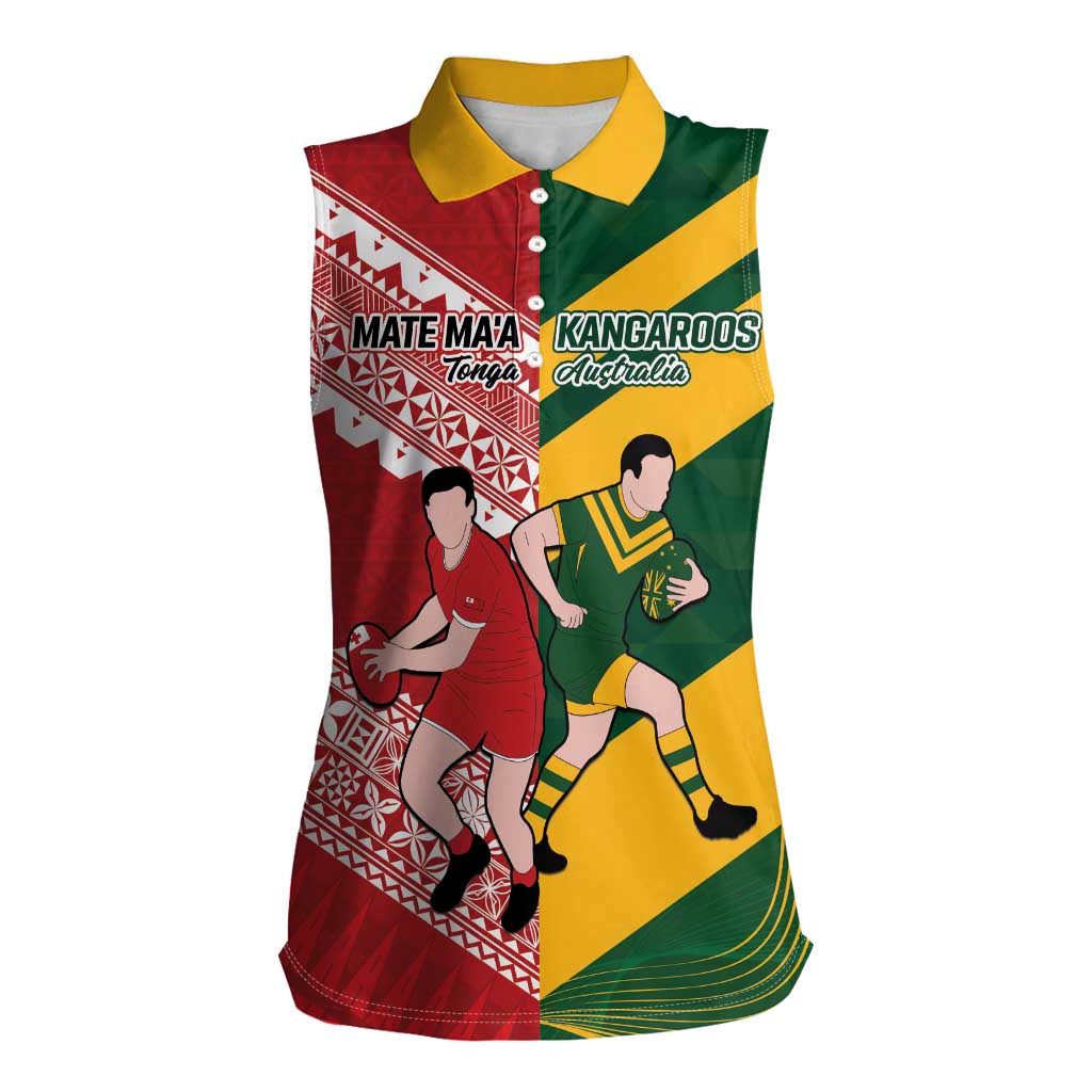 Australia-Tonga Rugby Pacific Custom Women Sleeveless Polo Shirt The Kangaroos and Mate Ma'a Tonga