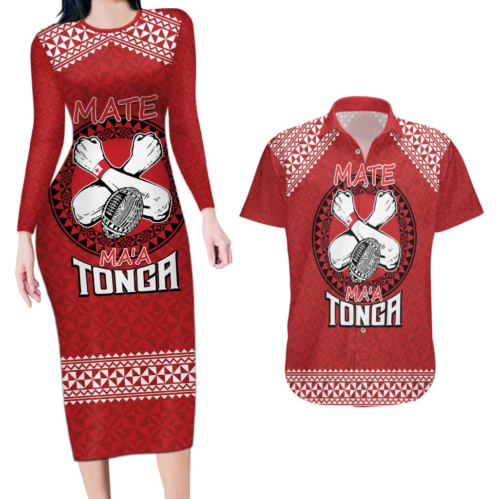 Tonga Rugby XIII Custom Couples Matching Long Sleeve Bodycon Dress and Hawaiian Shirt Mate Ma'a Tonga with Ngatu Pattern