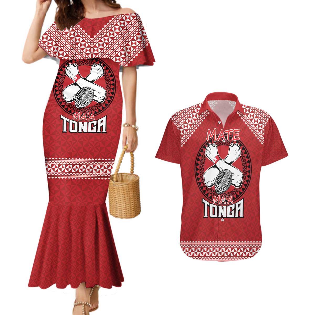 Tonga Rugby XIII Custom Couples Matching Mermaid Dress and Hawaiian Shirt Mate Ma'a Tonga with Ngatu Pattern