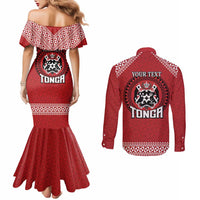 Tonga Rugby XIII Custom Couples Matching Mermaid Dress and Long Sleeve Button Shirt Mate Ma'a Tonga with Ngatu Pattern